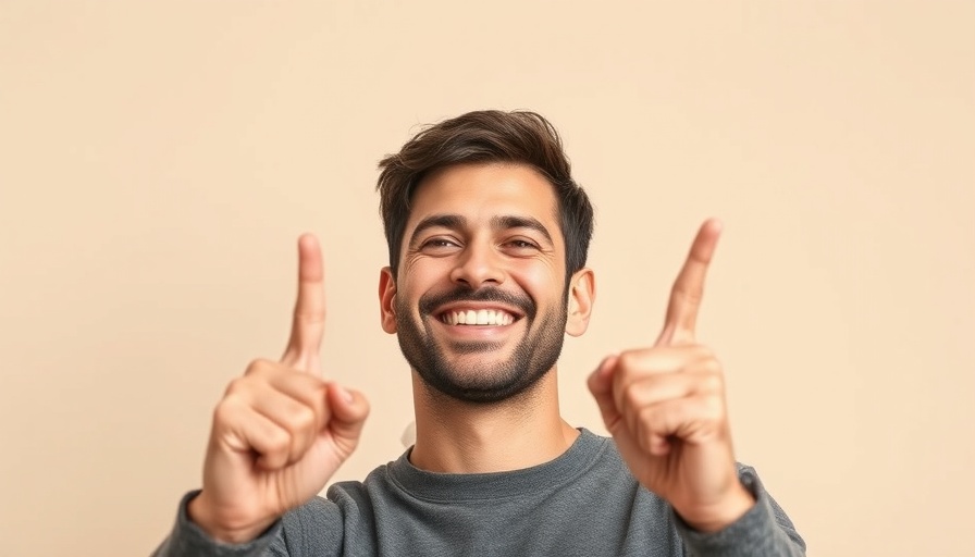 Confident man pointing upwards with a smile, neutral background.