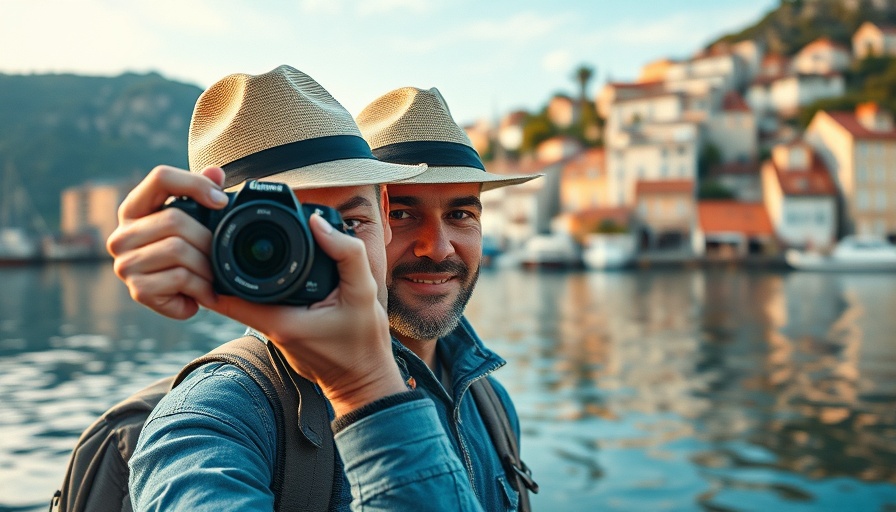 Traveler taking photo in scenic village, showcasing SEO benefits of image geolocation data.