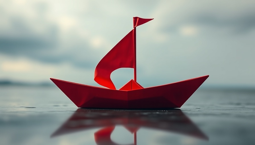 Origami red boat with flag symbolizing leadership and innovation.