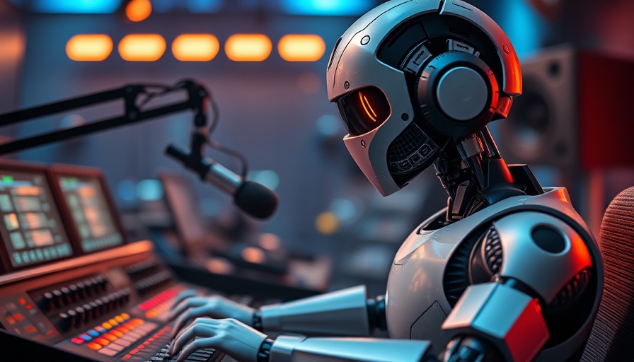 Futuristic robot in radio studio operating sound mixer, showcasing AI productivity.