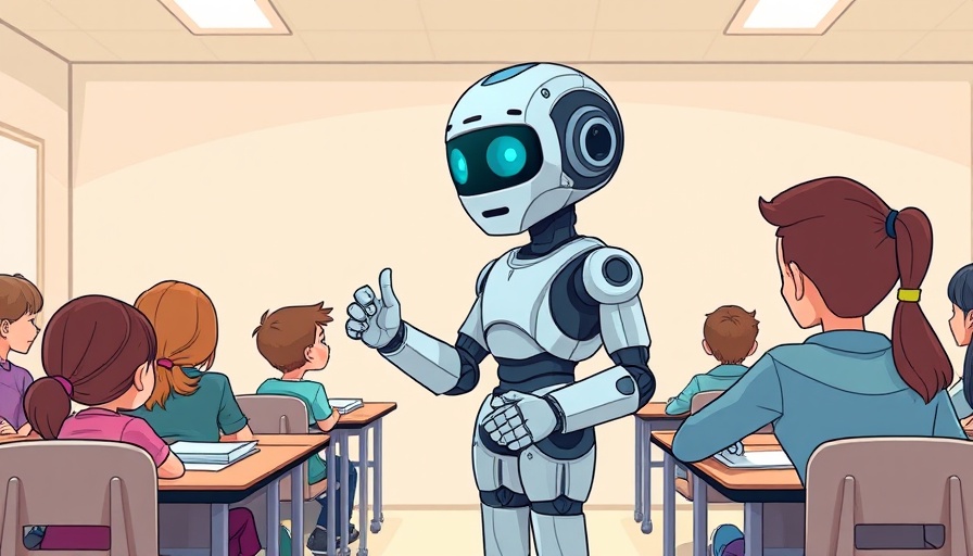 Futuristic classroom with robot teacher interacting with students.