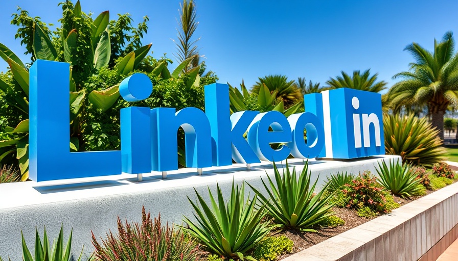 LinkedIn logo signboard with surrounding plants in a sunny outdoor setting.