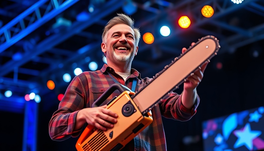 Man with chainsaw on stage at CPAC event, vibrant lighting.