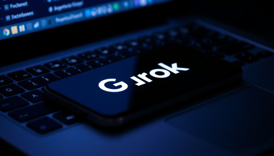 Grok AI chatbot features on smartphone with keyboard background.