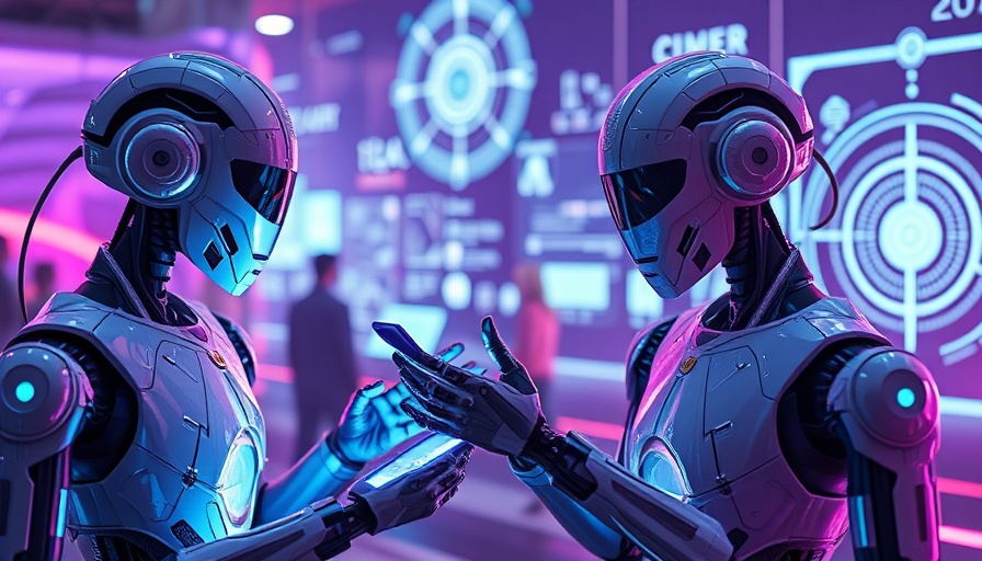 AI-powered androids using digital interfaces in a tech-themed environment.