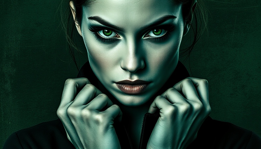 Abstract art of woman with green-filter overlay, eyes in focus.