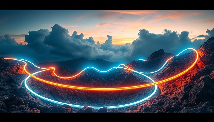 Dynamic neon light trails winding through rocky terrain at dusk, hybrid cloud strategy for mid-market visual metaphor.