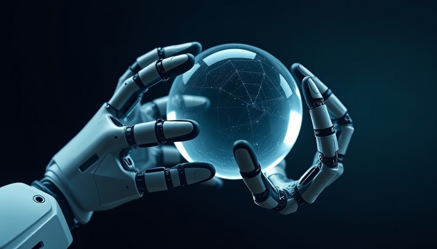 Futuristic robotic hands engage with glass sphere for AI stock market predictions.