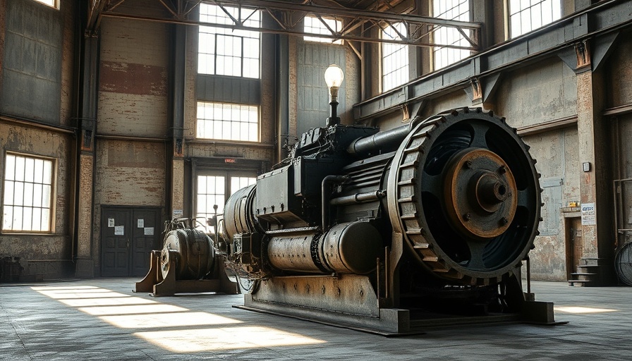 Rustic industrial machine in an abandoned warehouse.