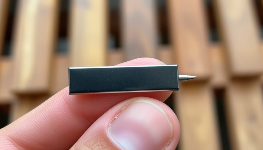 Close-up of a sleek pin held by a hand, Humane Ai Pin.