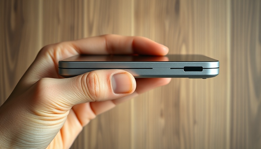 Close-up of sleek humane AI pin held against striped wooden background.