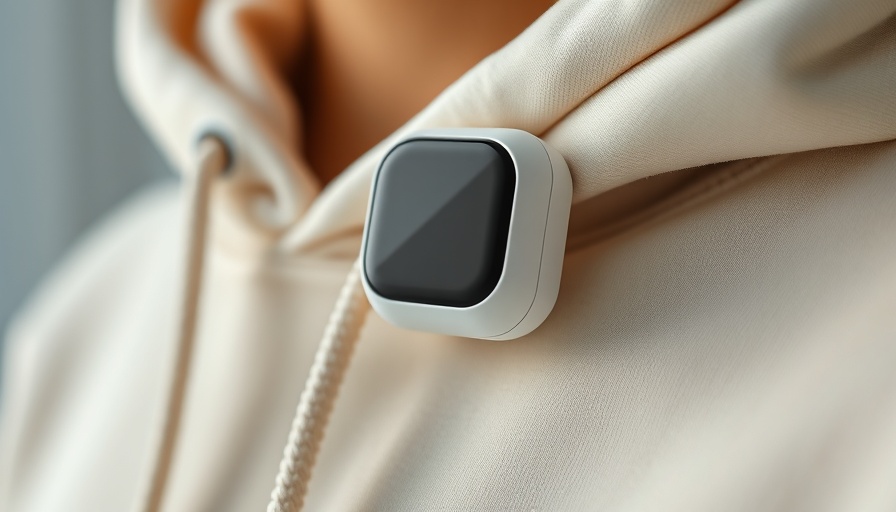 Futuristic white wearable pinned on cream hoodie, Humane Ai Pin.