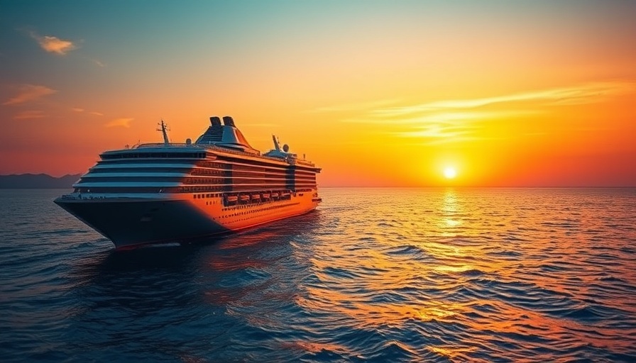 Cruise ship at sunset over calm ocean, IMGCreator AI image generator.