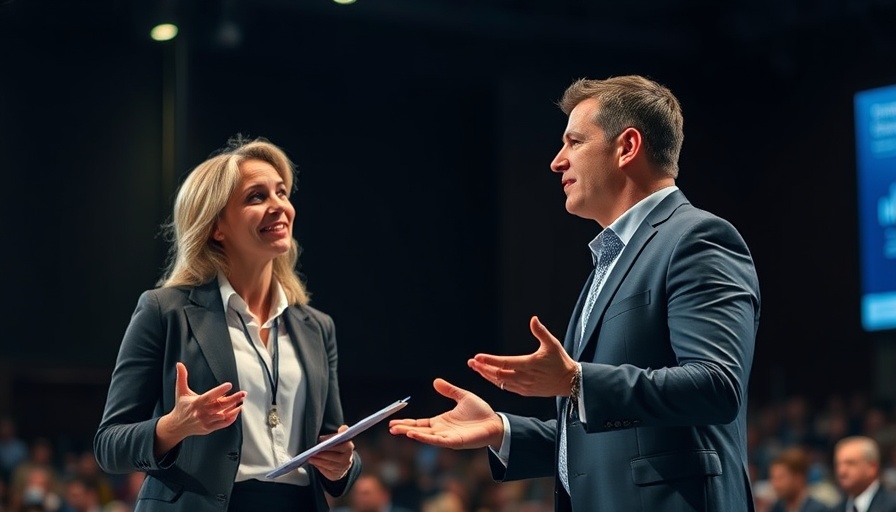 Tech professionals discussing on stage at a conference.