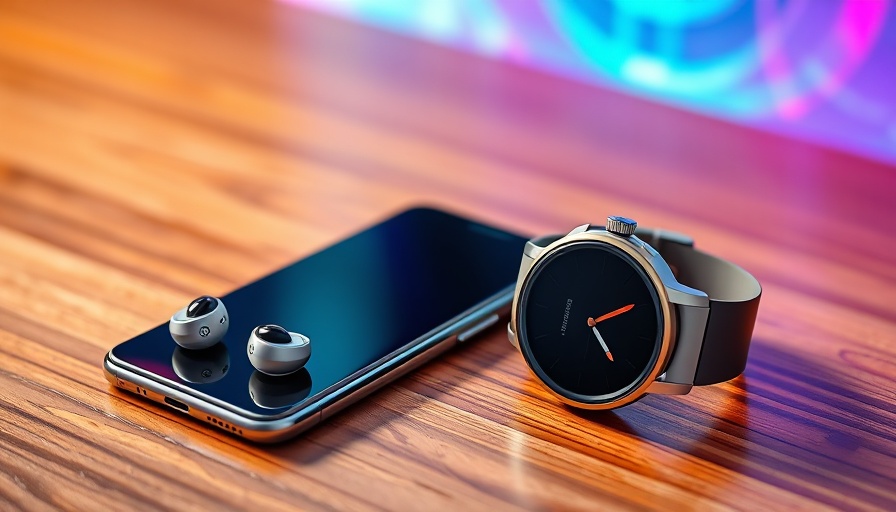 Sleek smartphone, earbuds, smartwatch at MWC 2025, vibrant collage.