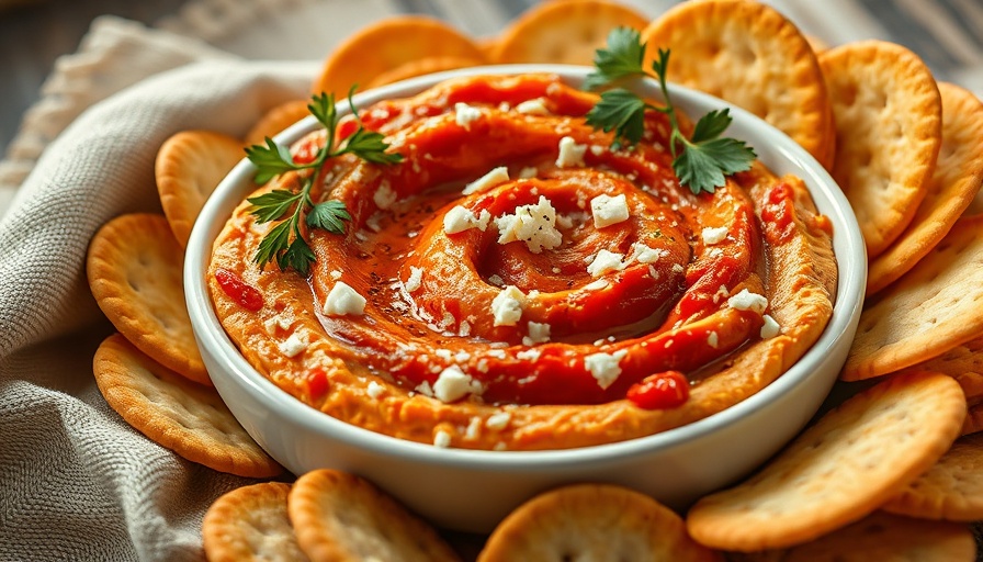 Spicy roasted red pepper feta dip with crackers on rustic cloth.