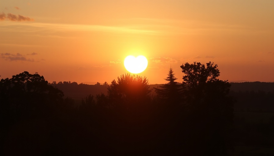 Heart-shaped glow sunset over trees, Olivia Hajioff Poetry.