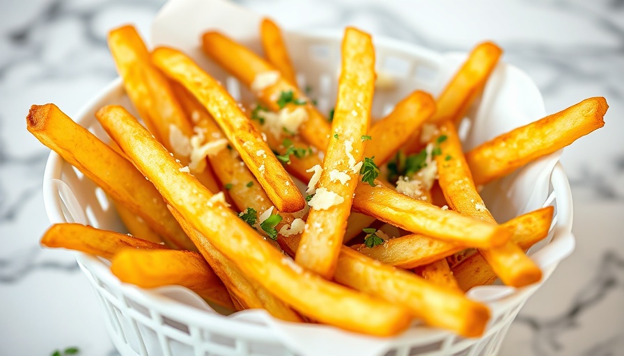 Delicious homemade truffle fries in a basket with cheese and herbs.