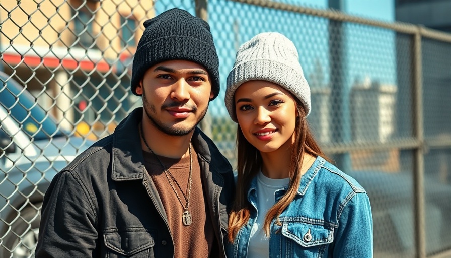 Casually dressed couple outdoors, symbolizing resilience and hope in urban environment.