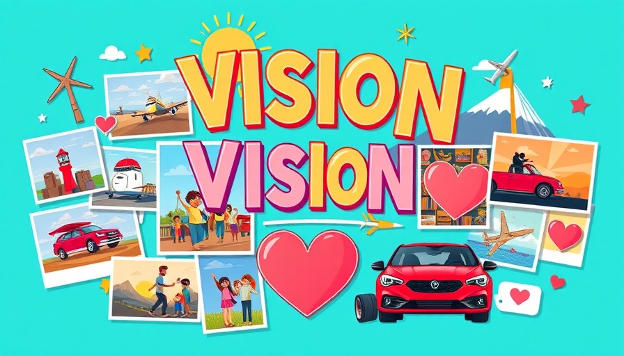 Vision board cartoon with goals like travel, car, family, and success.