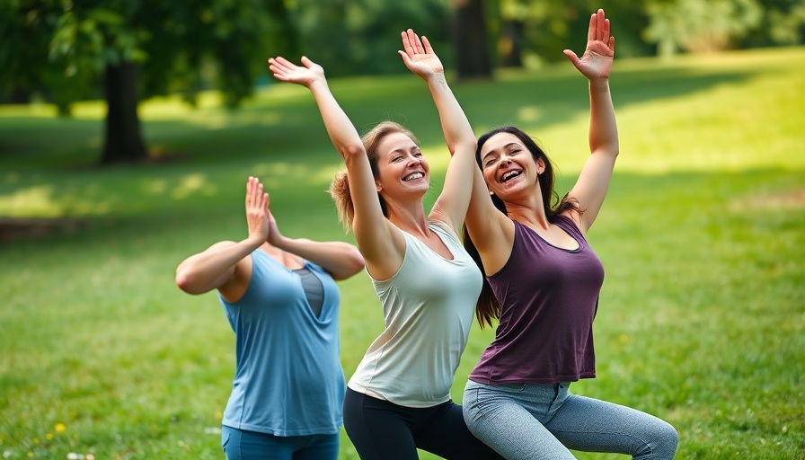 Three women yoga accountability partners laughing while stretching outdoors.