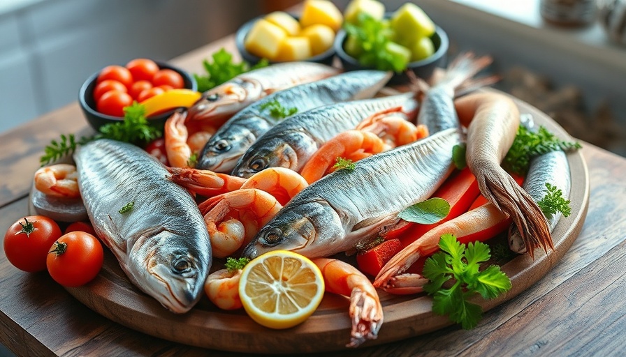 Colorful pescatarian diet foods: fish, shrimp, vegetables.