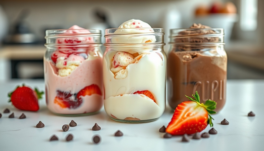 Mason jar ice cream trio with strawberry, vanilla, and chocolate.
