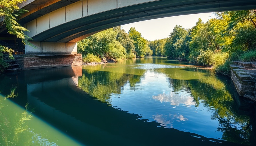 Serene river scene under bridge with lush greenery, reflection in water