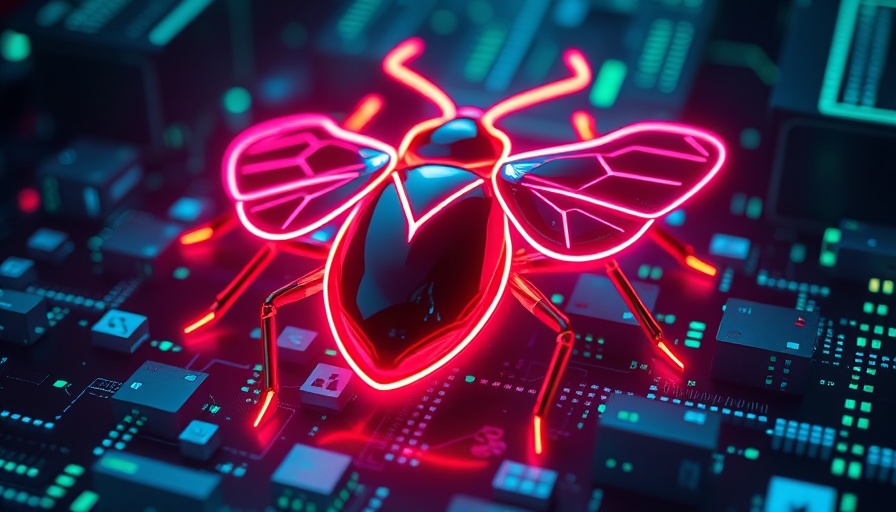 Futuristic depiction of Malware as a Service with neon bug symbol.
