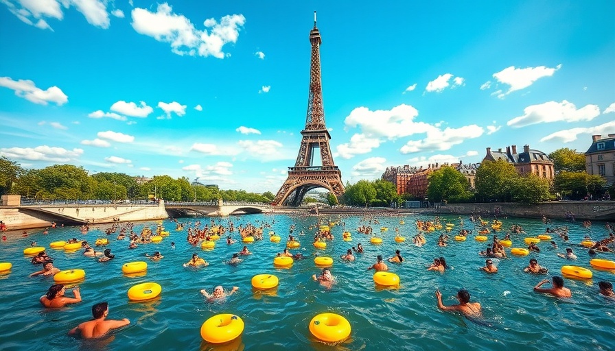 Public swimming area in River Seine with Eiffel Tower view.