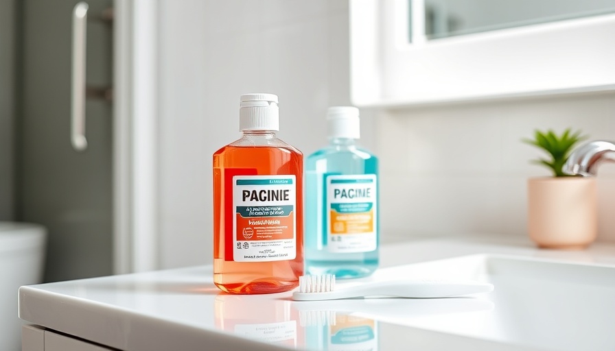 Modern bathroom with mouthwash bottles demonstrating effectiveness.