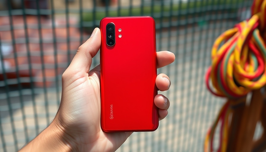 Close-up of Samsung with AI features in a hand outdoors.