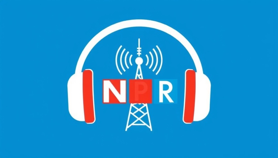 NPR logo with headphones and signal tower on blue background.