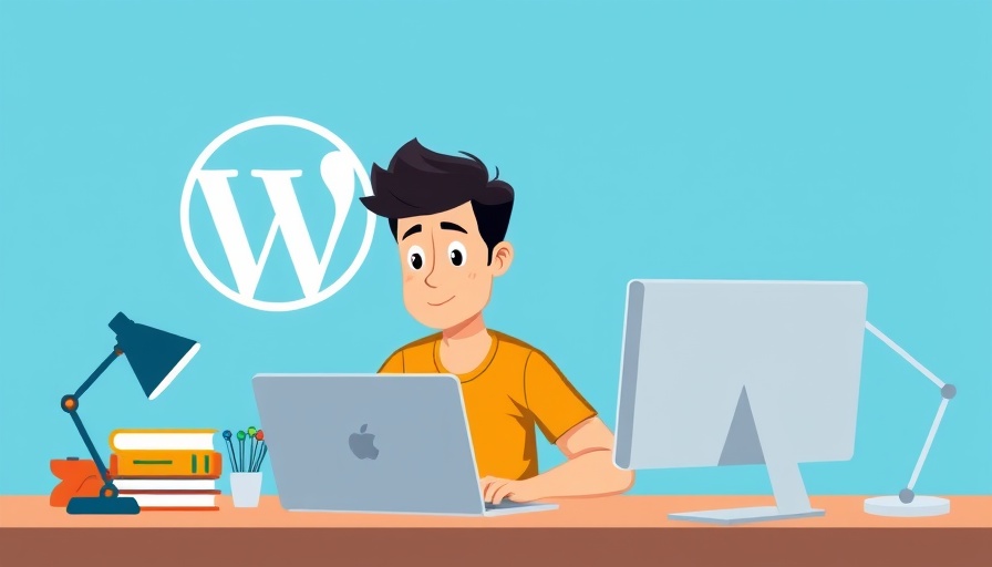 Cartoon man working on computer with WordPress logo; Essential WordPress Plugins.