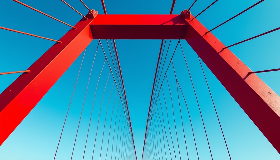 Geometric bridge structure under blue sky, agentic AI concept.