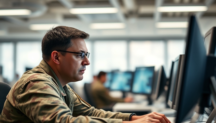 Military officer addressing cybersecurity challenges in office.