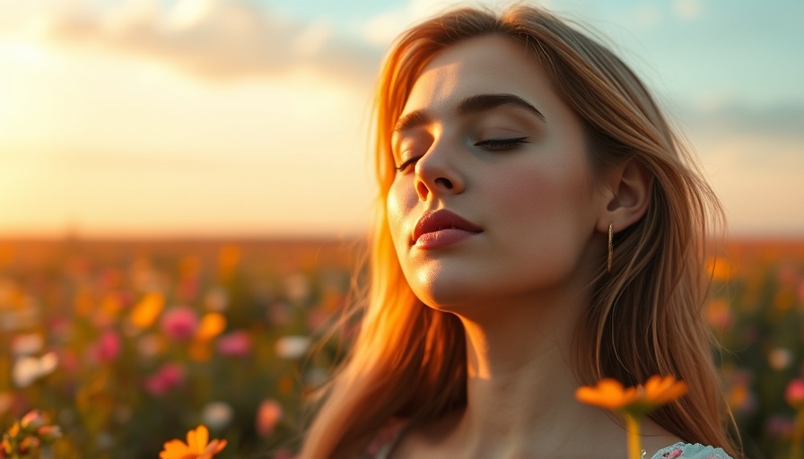 Young woman in field of flowers absorbing sunlight for healing from trauma and mental health.