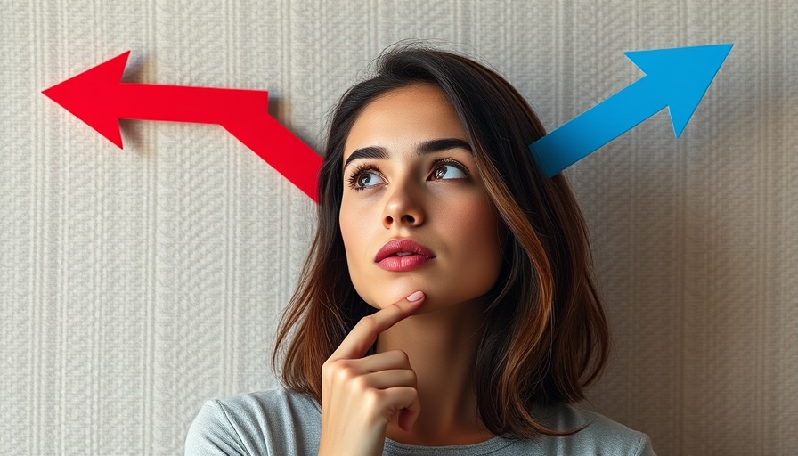 Confident woman weighing options with arrows, decision-making concept.