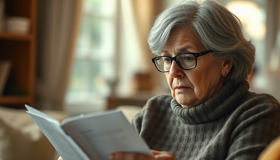 Concerned older woman reading surprise medical bills indoors