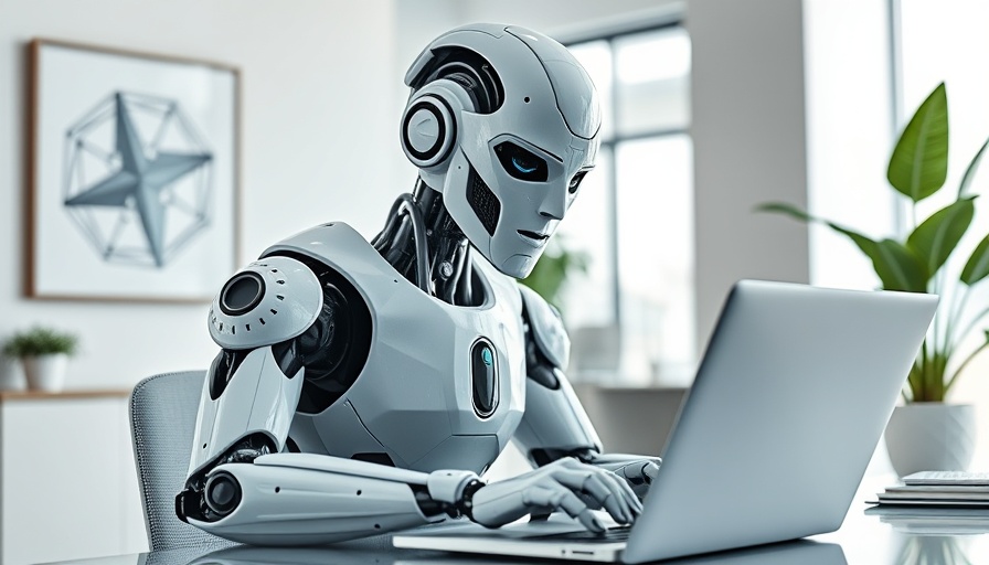 AI-Powered Preventive Healthcare robot working on laptop in office.