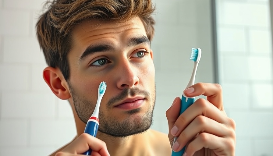 Young man deciding between electric and manual toothbrush in bathroom.