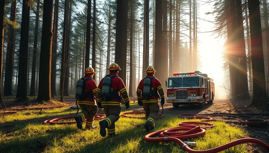Firefighters in forest during wildfire season heading to firetruck.