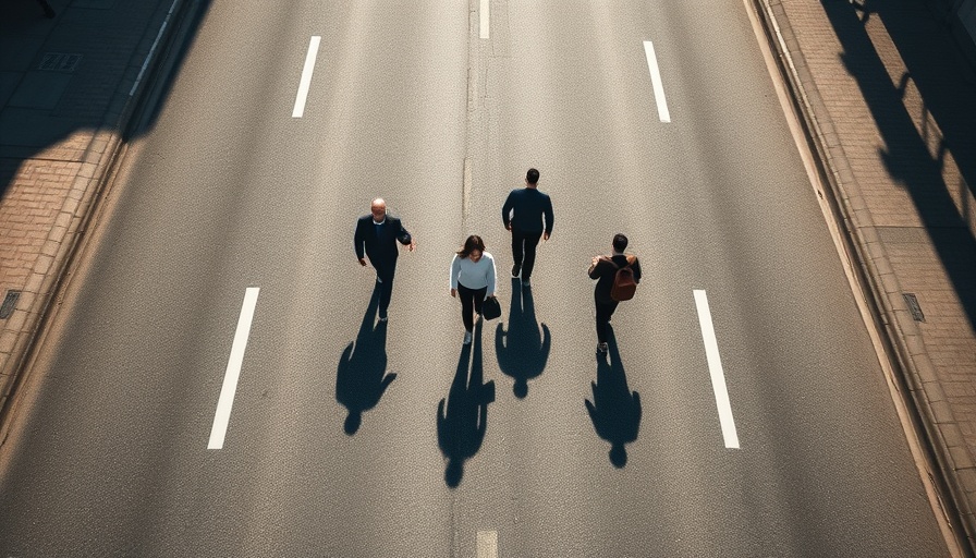 People walking on road with shadows, representing embracing change in tech careers.