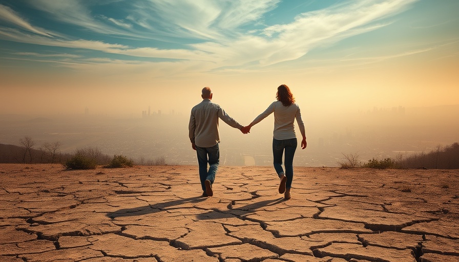 Two people walking on cracked earth towards distant city, highlighting environmental issues.