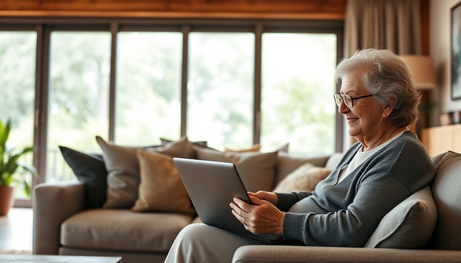 Elderly woman using laptop in cozy living room with open source data platforms.