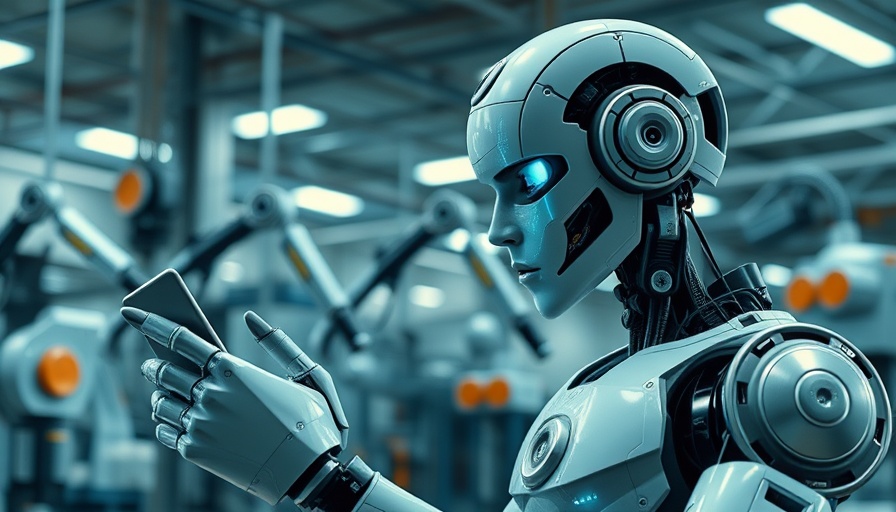 AI workflows in market research with humanoid robot in factory.