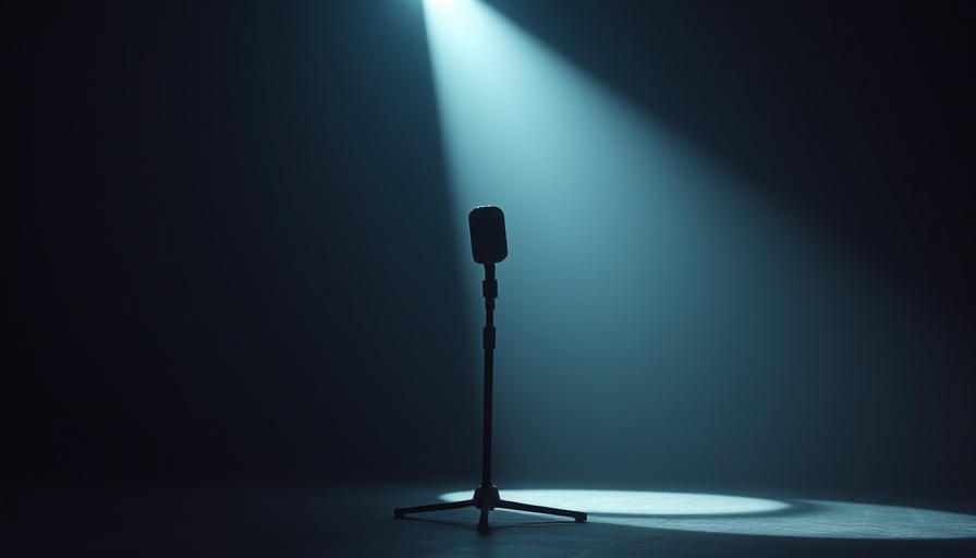 Solitary microphone on stage symbolizes loss of music legends.