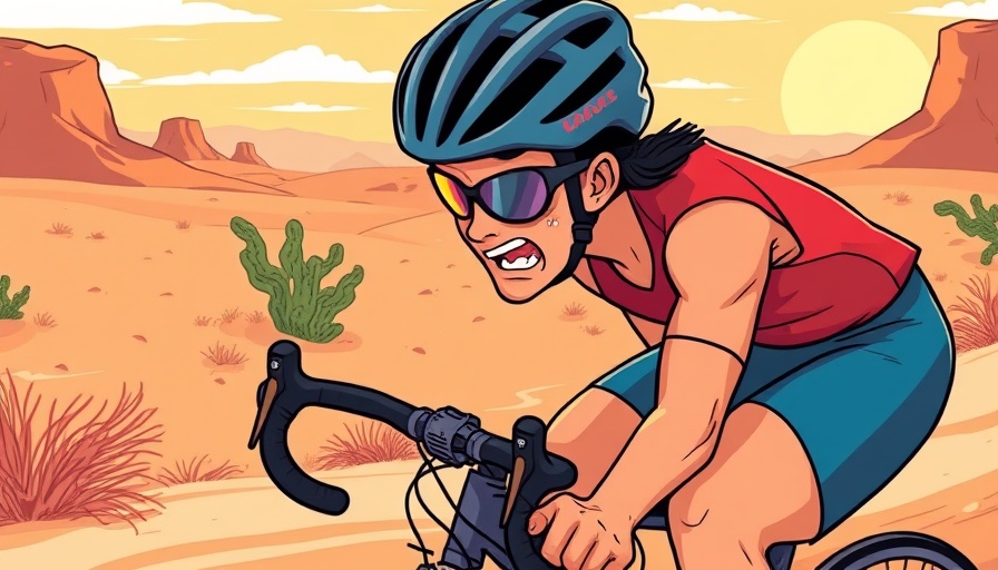 Illustration of cyclist exercising in the heat, sweating under the sun.
