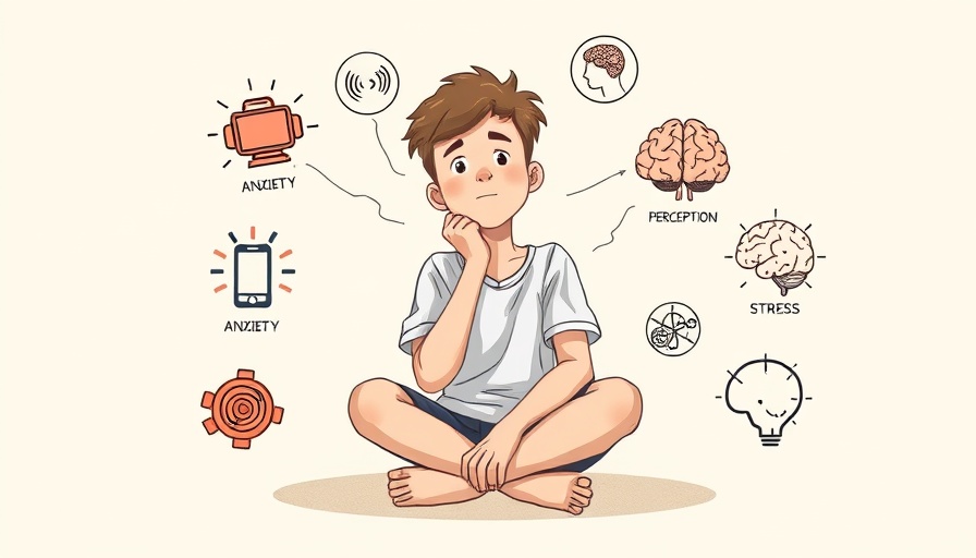 Cartoon of a teen contemplating mental health amidst symbolic icons.