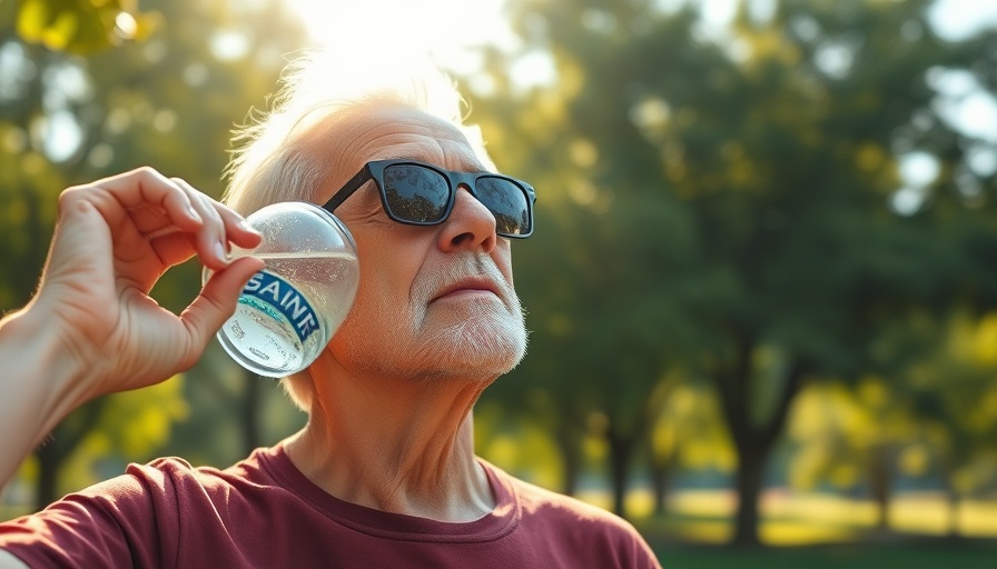 Senior man drinking water in park during heatwave